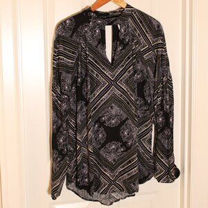 Free People blouse top black white lime green geometric floral size large